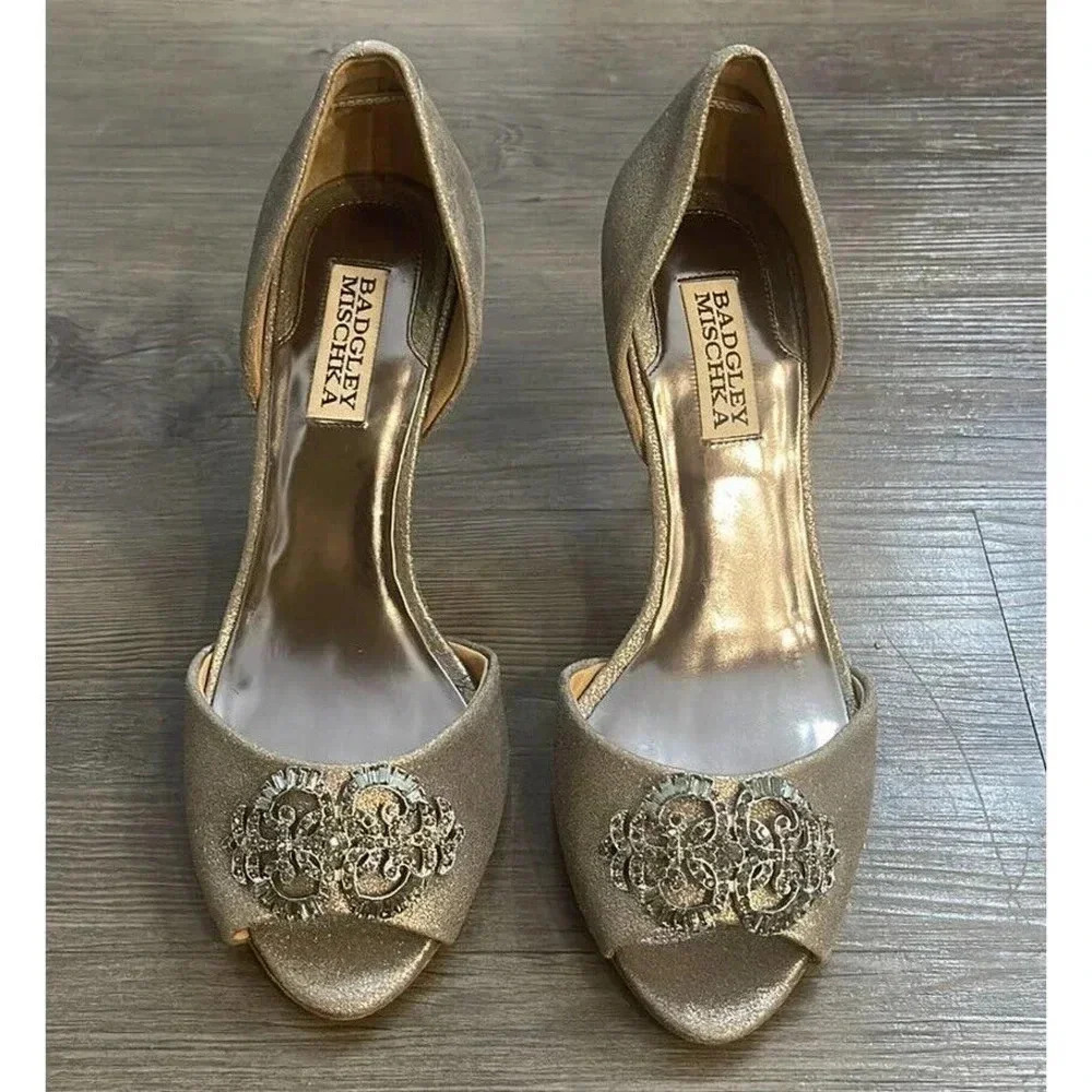 Badgely Mischka Women's Embellished Bronze High-Heels Shoes Size 7.5